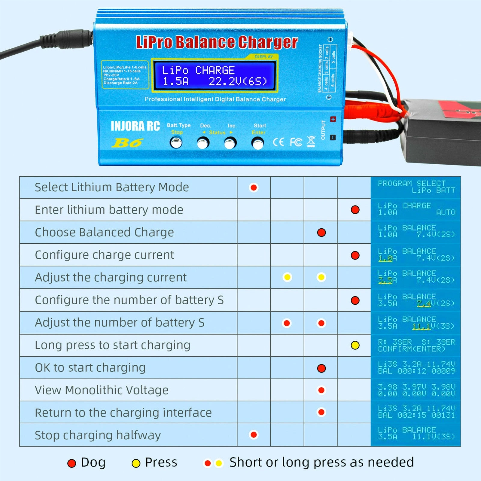 INJORA RC B6 Multifunctional Balance Charger - Safe, High-Performance Charger for LiPo, NiMH, LiFe, Pb Batteries
